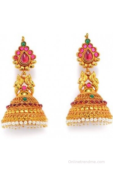 Alankruthi Royal Tradional Antique Golden Stone Studded Handmade Spinel Copper Jhumki Earring